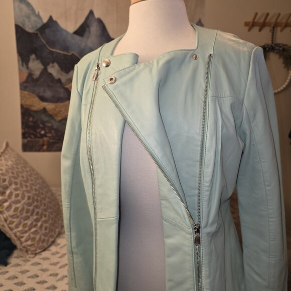 Neiman Marcus Exclusive Women’s Genuine Leather Jacket Large Aqua Mint Turquoise - Picture 13 of 16